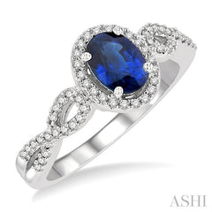 7x5 MM Oval Cut Sapphire and 1/5 Ctw Twisted Split Shank Round Cut Diamond Precious Ring in 14K White Gold