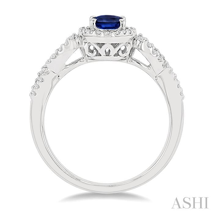 7x5 MM Oval Cut Sapphire and 1/5 Ctw Twisted Split Shank Round Cut Diamond Precious Ring in 14K White Gold