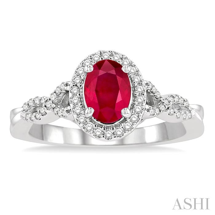 7x5 MM Oval Cut Ruby and 1/4 Ctw Twisted Split Shank Round Cut Diamond Precious Ring in 14K White Gold
