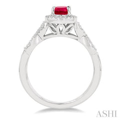 7x5 MM Oval Cut Ruby and 1/4 Ctw Twisted Split Shank Round Cut Diamond Precious Ring in 14K White Gold