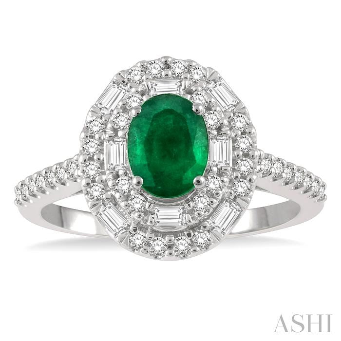 7x5 MM Oval Shape Emerald and 1/2 Ctw Round Cut & Baguette Diamond Precious Ring in 14K White Gold