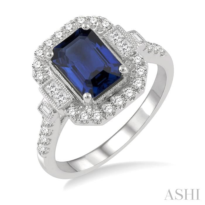 8x6 MM Emerald Shape Sapphire and 1/2 Ctw Princess, Baguette and Round Cut Diamond Precious Ring in 14K White Gold