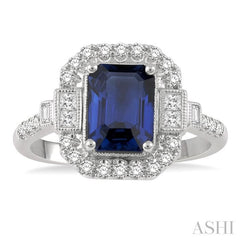 8x6 MM Emerald Shape Sapphire and 1/2 Ctw Princess, Baguette and Round Cut Diamond Precious Ring in 14K White Gold