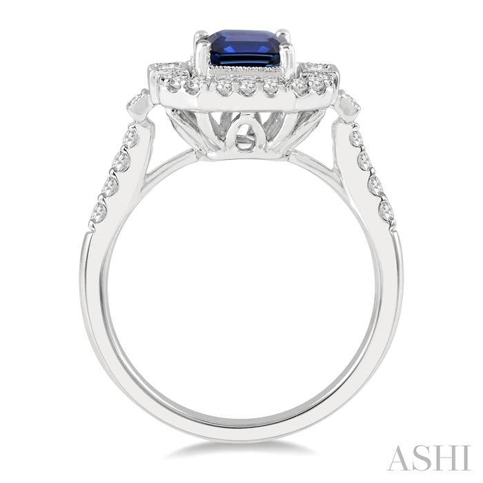 8x6 MM Emerald Shape Sapphire and 1/2 Ctw Princess, Baguette and Round Cut Diamond Precious Ring in 14K White Gold
