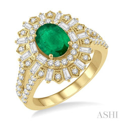 8x6 MM Oval Shape Emerald and 1 Ctw Lattice Baguette and Round Cut Diamond Precious Ring in 14K Yellow Gold