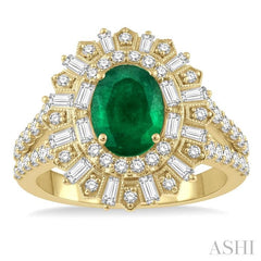 8x6 MM Oval Shape Emerald and 1 Ctw Lattice Baguette and Round Cut Diamond Precious Ring in 14K Yellow Gold