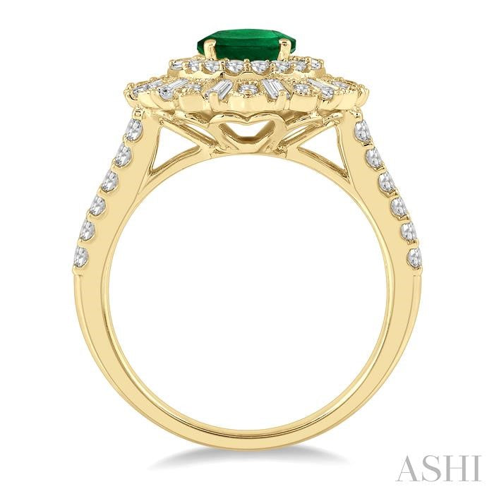 8x6 MM Oval Shape Emerald and 1 Ctw Lattice Baguette and Round Cut Diamond Precious Ring in 14K Yellow Gold