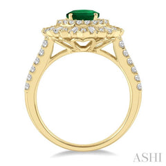8x6 MM Oval Shape Emerald and 1 Ctw Lattice Baguette and Round Cut Diamond Precious Ring in 14K Yellow Gold