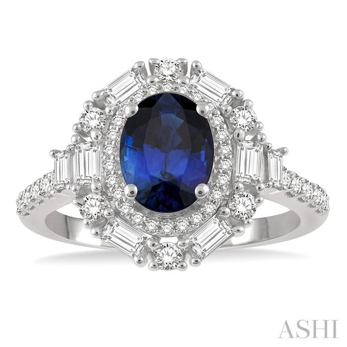 8x6 MM Oval Shape Sapphire and 3/4 Ctw Baguette and Round Cut Diamond Precious Ring in 14K White Gold
