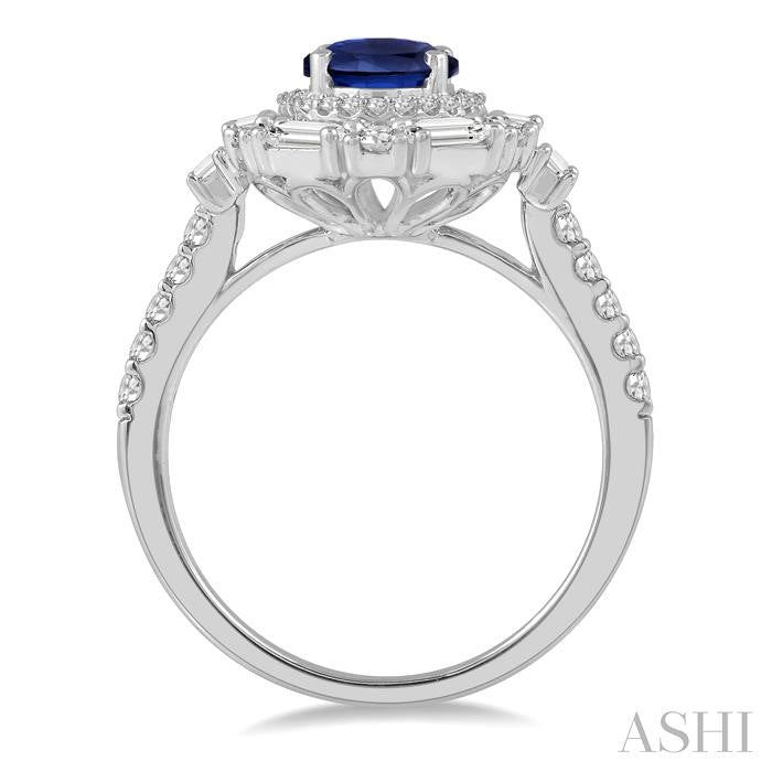 8x6 MM Oval Shape Sapphire and 3/4 Ctw Baguette and Round Cut Diamond Precious Ring in 14K White Gold