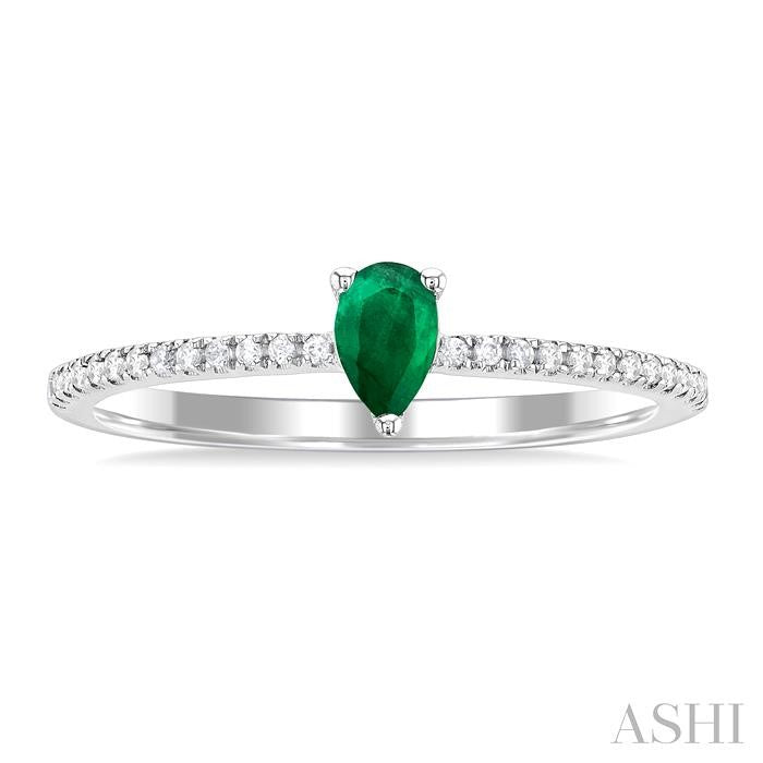 5x3 MM Pear Cut Emerald and 1/10 Ctw Petite Round Cut Diamond Precious Fashion Ring in 10K White Gold