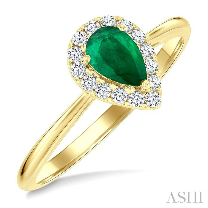 6x4 MM Pear Shape Emerald and 1/6 Ctw Round Cut Diamond Halo Precious Ring in 14K Yellow Gold