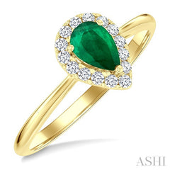 6x4 MM Pear Shape Emerald and 1/6 Ctw Round Cut Diamond Halo Precious Ring in 14K Yellow Gold