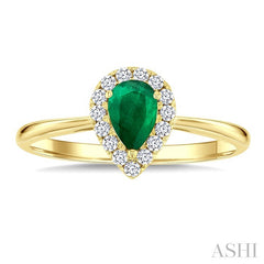 6x4 MM Pear Shape Emerald and 1/6 Ctw Round Cut Diamond Halo Precious Ring in 14K Yellow Gold