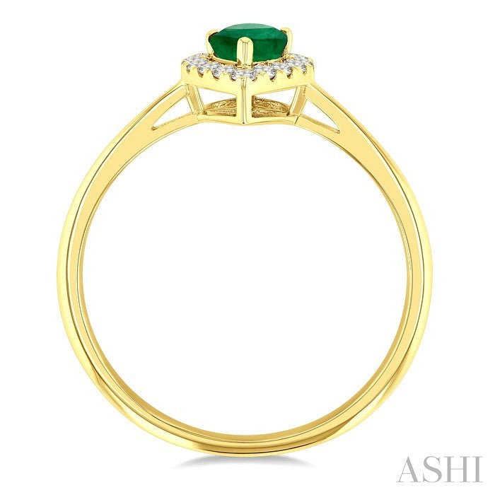6x4 MM Pear Shape Emerald and 1/6 Ctw Round Cut Diamond Halo Precious Ring in 14K Yellow Gold