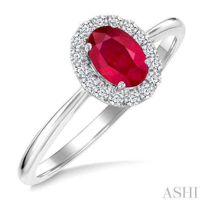 6x4 MM Oval Shape Ruby and 1/6 Ctw Round Cut Diamond Halo Precious Ring in 14K White Gold