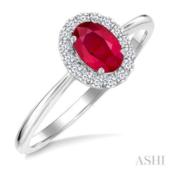 6x4 MM Oval Shape Ruby and 1/6 Ctw Round Cut Diamond Halo Precious Ring in 14K White Gold
