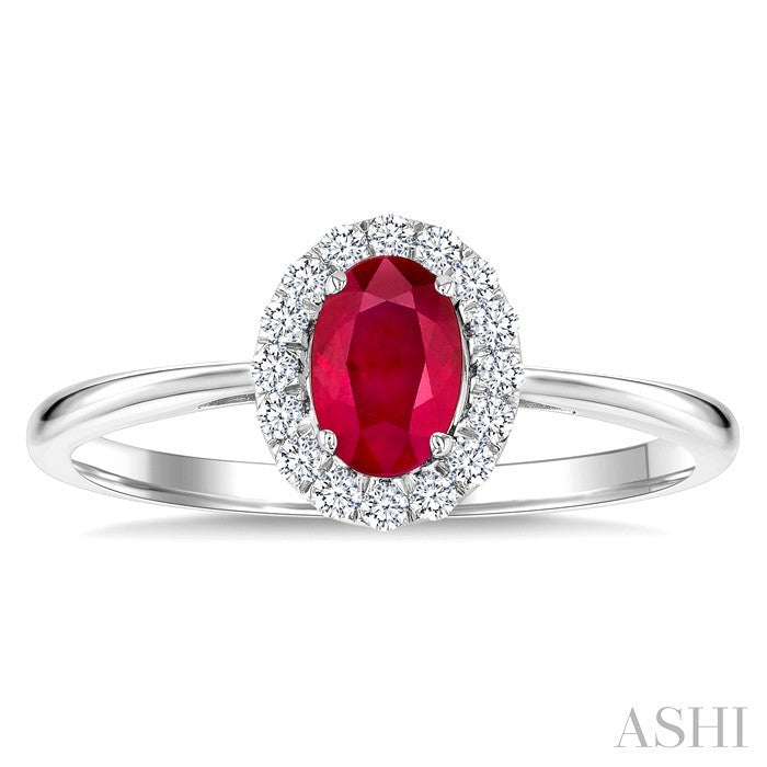 6x4 MM Oval Shape Ruby and 1/6 Ctw Round Cut Diamond Halo Precious Ring in 14K White Gold