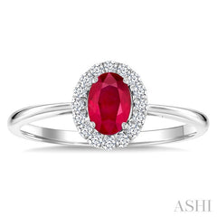 6x4 MM Oval Shape Ruby and 1/6 Ctw Round Cut Diamond Halo Precious Ring in 14K White Gold