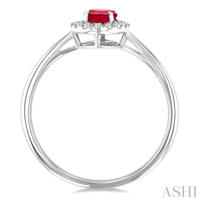 6x4 MM Oval Shape Ruby and 1/6 Ctw Round Cut Diamond Halo Precious Ring in 14K White Gold
