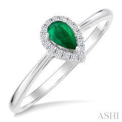 5x3 MM Pear Shape Emerald and 1/20 Ctw Round Cut Diamond Halo Precious Ring in 14K White Gold