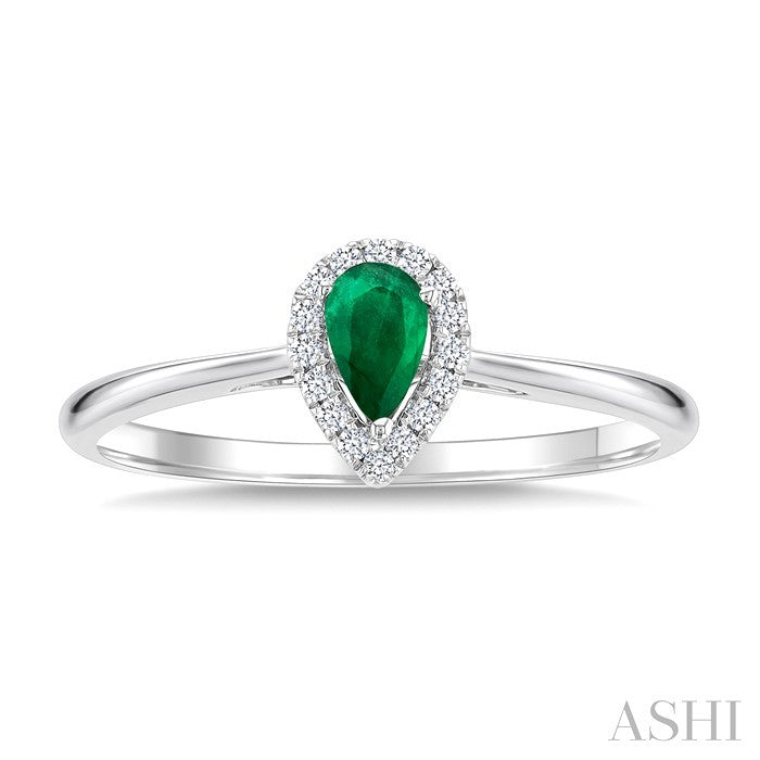 5x3 MM Pear Shape Emerald and 1/20 Ctw Round Cut Diamond Halo Precious Ring in 14K White Gold