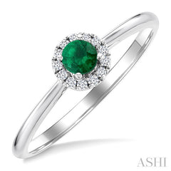 3.25 MM Round Emerald and 1/20 Ctw Round Cut Diamond Halo Precious Ring in 14K White Gold