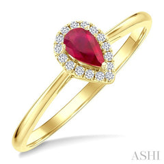 5x3 MM Pear Shape Ruby and 1/20 Ctw Round Cut Diamond Halo Precious Ring in 14K Yellow Gold