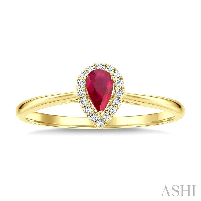 5x3 MM Pear Shape Ruby and 1/20 Ctw Round Cut Diamond Halo Precious Ring in 14K Yellow Gold