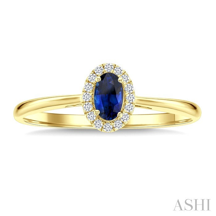 5x3 MM Oval Shape Sapphire and 1/20 Ctw Round Cut Diamond Halo Precious Ring in 14K Yellow Gold