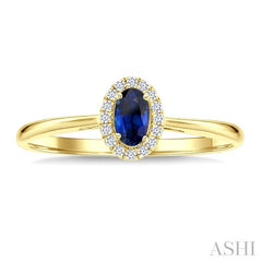 5x3 MM Oval Shape Sapphire and 1/20 Ctw Round Cut Diamond Halo Precious Ring in 14K Yellow Gold