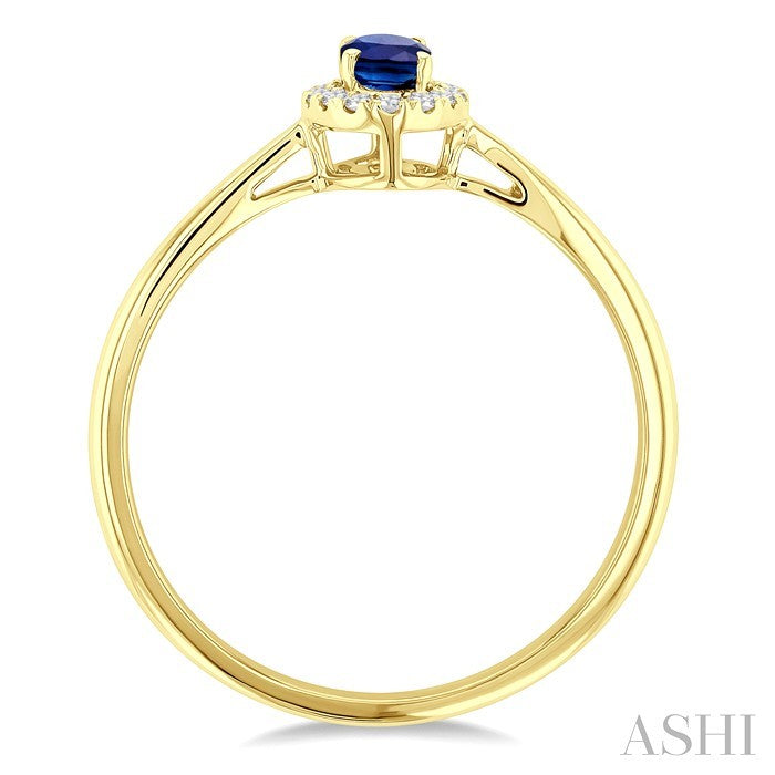 5x3 MM Oval Shape Sapphire and 1/20 Ctw Round Cut Diamond Halo Precious Ring in 14K Yellow Gold
