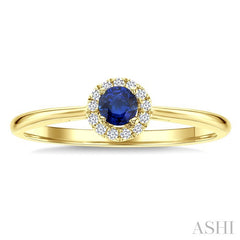 3.25 MM Round Sapphire and 1/20 Ctw Round Cut Diamond Halo Precious Ring in 10K Yellow Gold