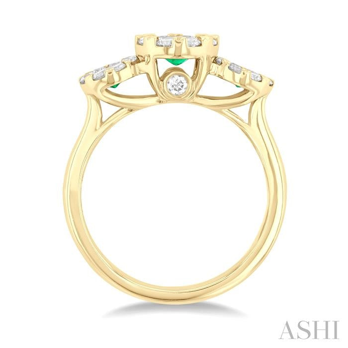 3.8 MM & 3 MM Emerald and 5/8 Ctw Round Cut Diamond Precious Lovebright Past, Present and Future Ring in 14K Yellow Gold