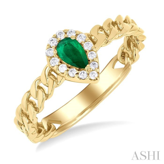 5x3 MM Pear Cut Emerald and 1/10 Ctw Curb & Cuban Link Round Cut Diamond Halo Precious Ring in 10K Yellow Gold