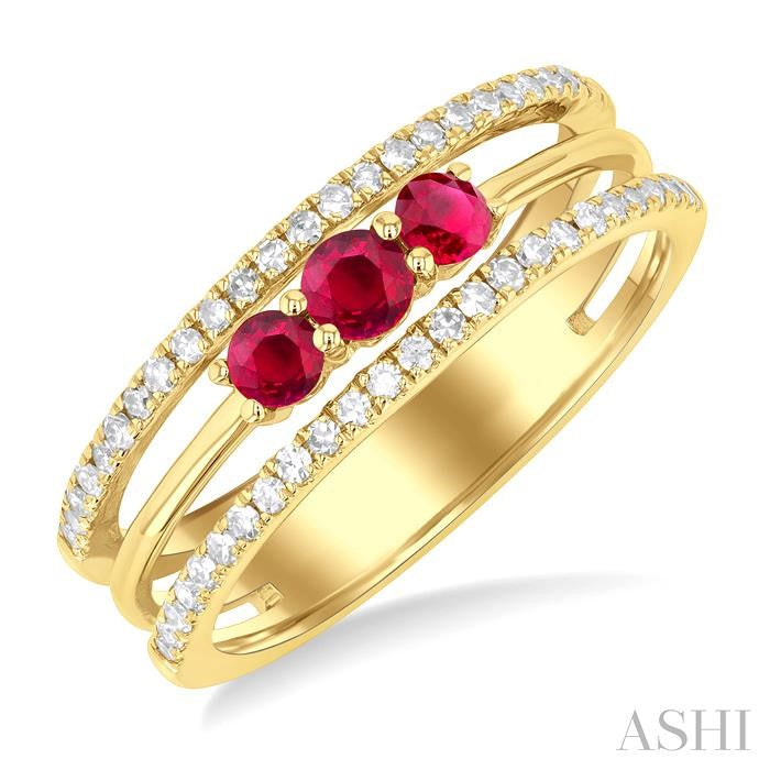 3.2 MM, 2.7 MM Round Cut Ruby & 1/4 Ctw Round Cut Diamond Past, Present and Future Precious Layered Fashion Ring in 10K Yellow Gold