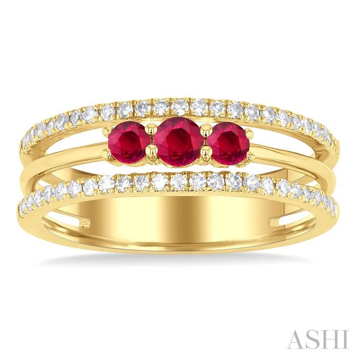 3.2 MM, 2.7 MM Round Cut Ruby & 1/4 Ctw Round Cut Diamond Past, Present and Future Precious Layered Fashion Ring in 10K Yellow Gold
