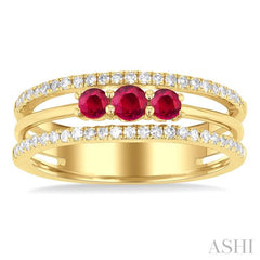 3.2 MM, 2.7 MM Round Cut Ruby & 1/4 Ctw Round Cut Diamond Past, Present and Future Precious Layered Fashion Ring in 10K Yellow Gold