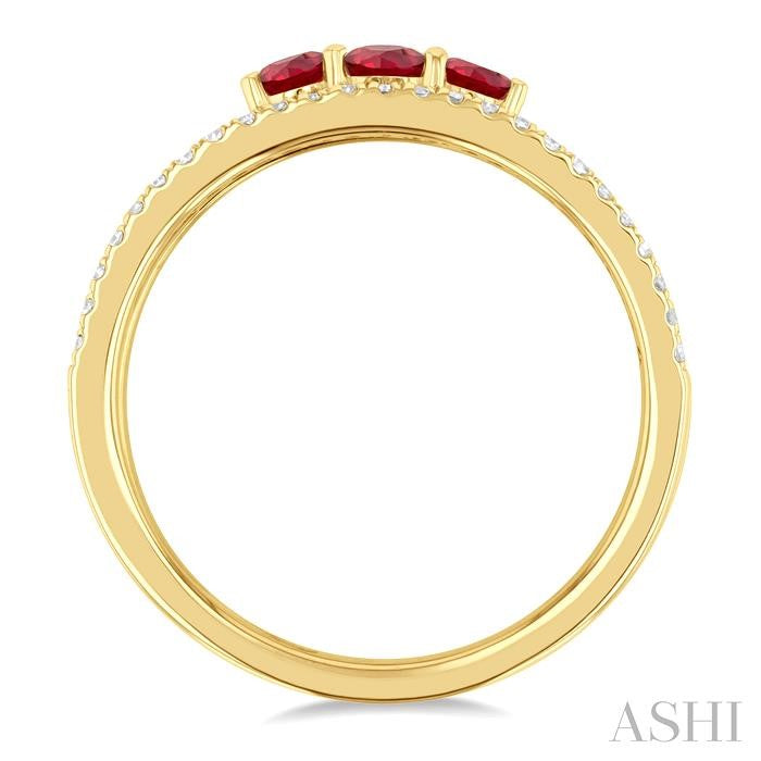 3.2 MM, 2.7 MM Round Cut Ruby & 1/4 Ctw Round Cut Diamond Past, Present and Future Precious Layered Fashion Ring in 10K Yellow Gold