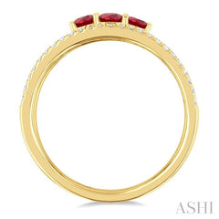 3.2 MM, 2.7 MM Round Cut Ruby & 1/4 Ctw Round Cut Diamond Past, Present and Future Precious Layered Fashion Ring in 10K Yellow Gold