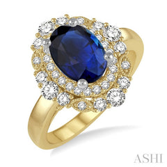 5/8 Ctw Oval Cut 7X5 MM Sapphire and Round Cut Diamond Halo Precious Ring in 14K Yellow and White Gold