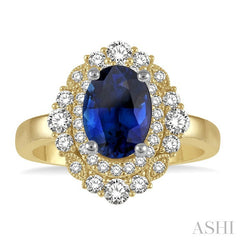 5/8 Ctw Oval Cut 7X5 MM Sapphire and Round Cut Diamond Halo Precious Ring in 14K Yellow and White Gold