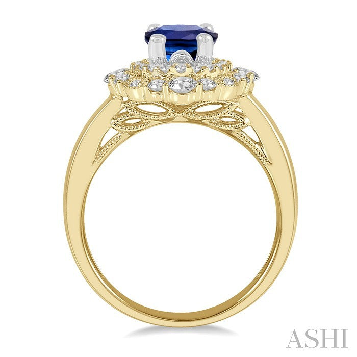 5/8 Ctw Oval Cut 7X5 MM Sapphire and Round Cut Diamond Halo Precious Ring in 14K Yellow and White Gold