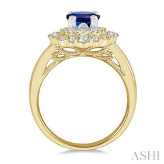 5/8 Ctw Oval Cut 7X5 MM Sapphire and Round Cut Diamond Halo Precious Ring in 14K Yellow and White Gold