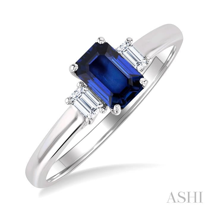 6X4 MM Emerald Cut Sapphire and 1/5 Ctw Diamond 3-Stone Precious Ring in 14K White Gold