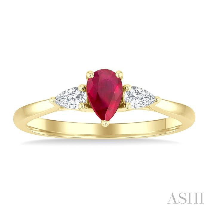 1/5 Ctw 3-Stone Pear Cut 6X4MM Ruby and Pear Cut Diamond Precious Ring in 14K Yellow Gold