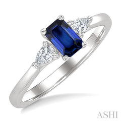 1/5 Ctw 3-Stone Emerald Cut 6X4MM Sapphire and Pear Cut Diamond Precious Ring in 14K White Gold