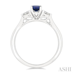 1/5 Ctw 3-Stone Emerald Cut 6X4MM Sapphire and Pear Cut Diamond Precious Ring in 14K White Gold