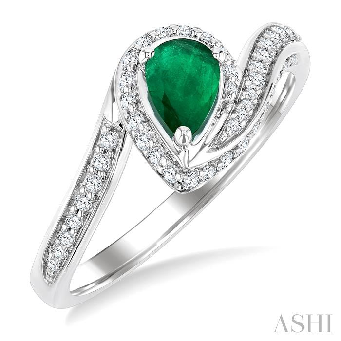 1/4 Ctw Bypass Pear Cut 6X4MM Emerald and Round Cut Diamond Precious Ring in 10K White Gold