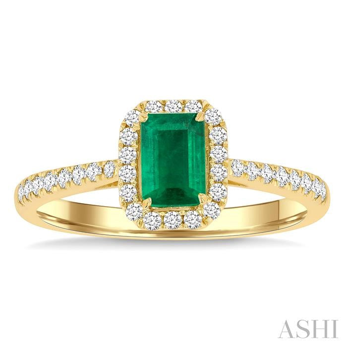 6x4 MM Emerald and 1/4 Ctw Emerald Shape Round Cut Diamond Halo Precious Ring in 14K Yellow Gold